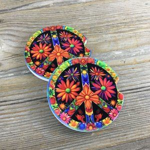 Peace Sign Floral Hippie Car Coasters